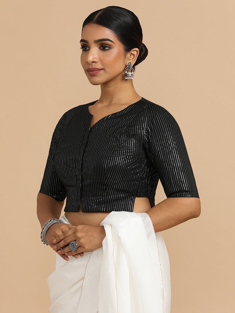 Rashi x Rozaana Saree Blouse, in Black 100% Cotton & Lurex, featuring elbow sleeves and round neckline (view 6).