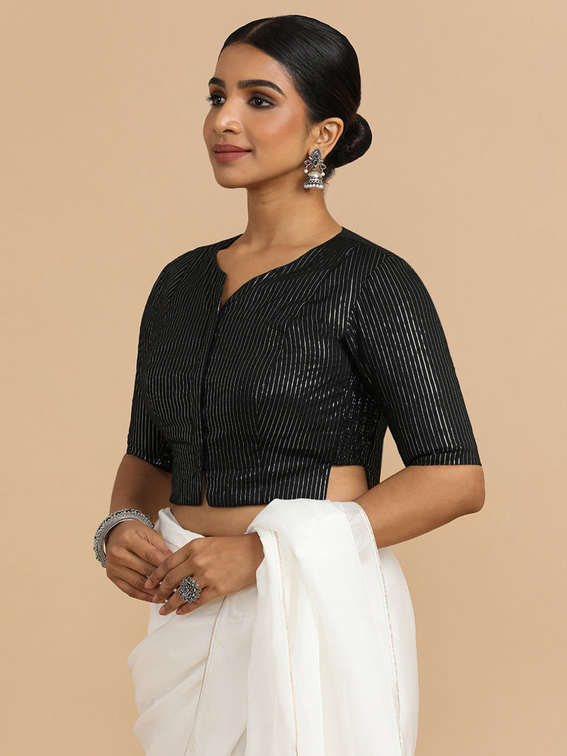 Rashi x Rozaana | Elbow Sleeves Saree Blouse in Black Silver Stripe Cotton-Binks
