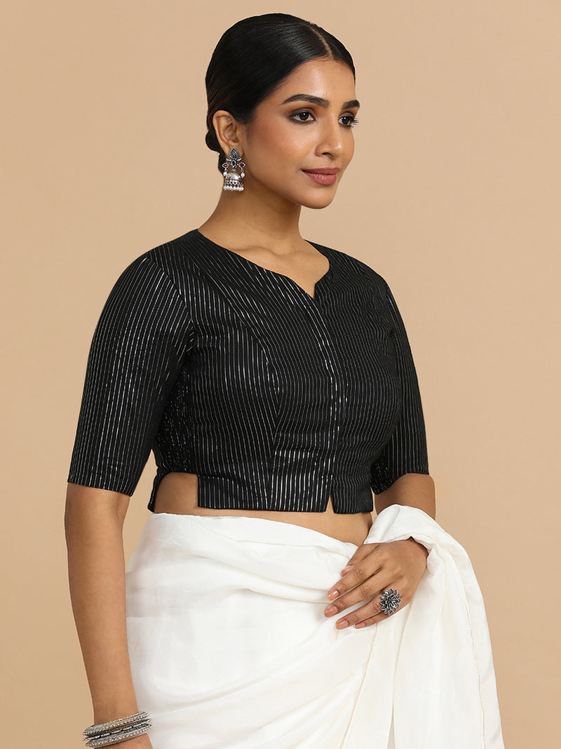 Rashi x Rozaana | Elbow Sleeves Saree Blouse in Black Silver Stripe Cotton-Binks