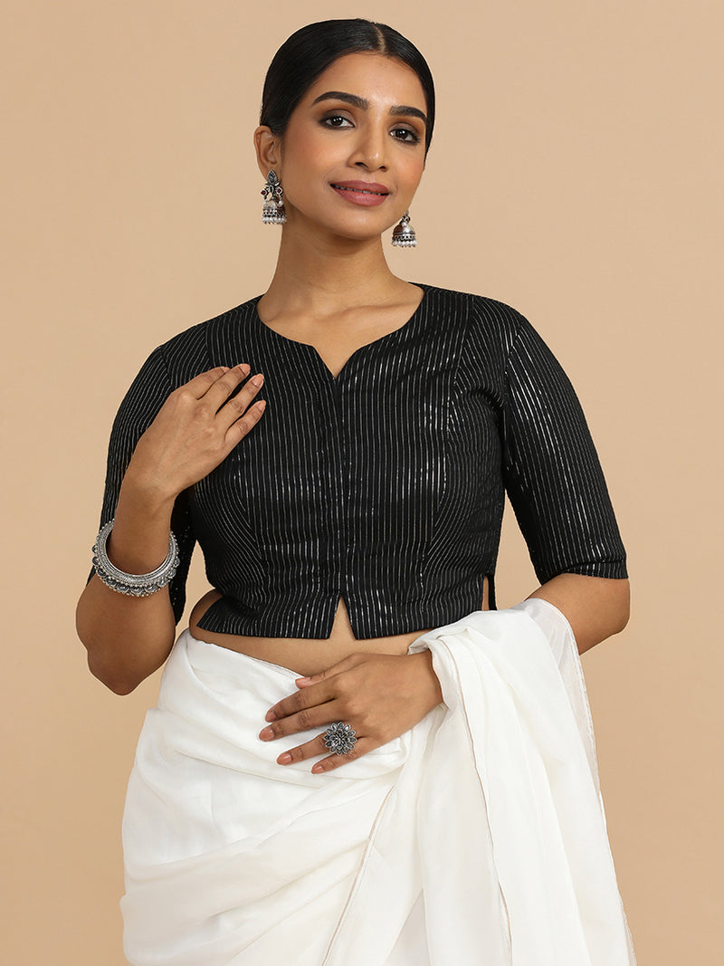 Rashi x Rozaana | Elbow Sleeves Saree Blouse in Black Silver Stripe Cotton-Binks