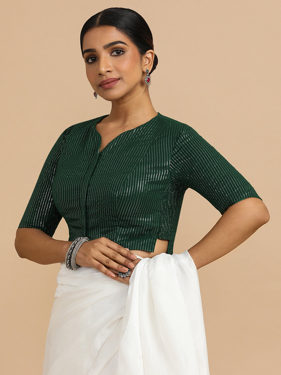 Rashi x Rozaana | Elbow Sleeves Saree Blouse in Dark Green Silver Stripe Cotton