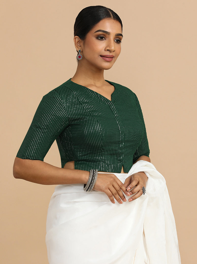 Rashi x Rozaana | Elbow Sleeves Saree Blouse in Dark Green Silver Stripe Cotton-Binks
