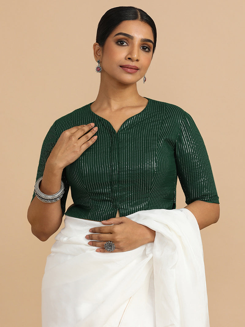 Rashi x Rozaana | Elbow Sleeves Saree Blouse in Dark Green Silver Stripe Cotton-Binks