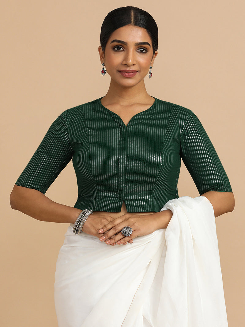 Rashi x Rozaana | Elbow Sleeves Saree Blouse in Dark Green Silver Stripe Cotton-Binks