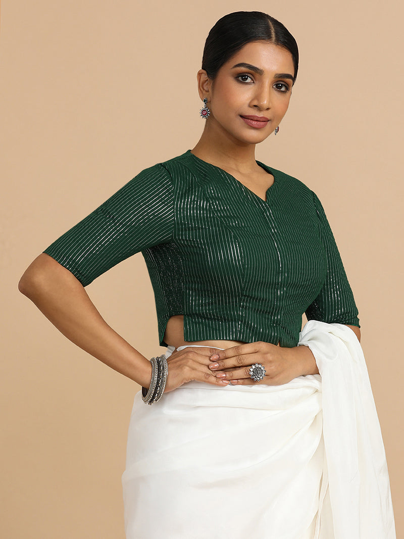 Rashi x Rozaana | Elbow Sleeves Saree Blouse in Dark Green Silver Stripe Cotton-Binks