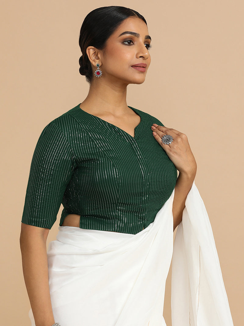 Rashi x Rozaana | Elbow Sleeves Saree Blouse in Dark Green Silver Stripe Cotton-Binks