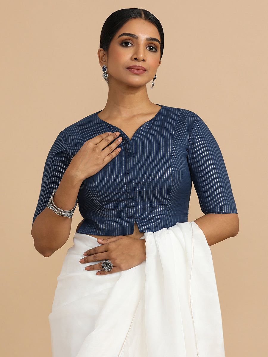Rashi x Rozaana Saree Blouse, in Blue 100% Cotton & Lurex, featuring elbow sleeves and round neckline.