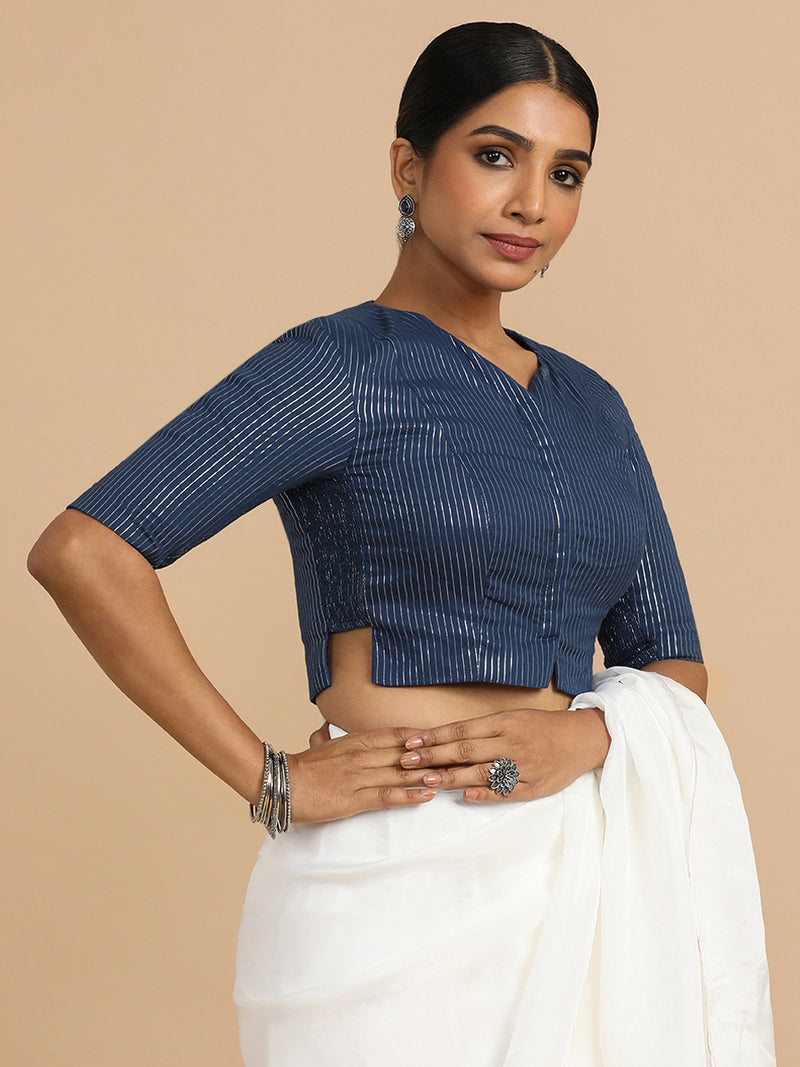Rashi x Rozaana | Elbow Sleeves Saree Blouse in Indigo Silver Stripe Cotton-Binks