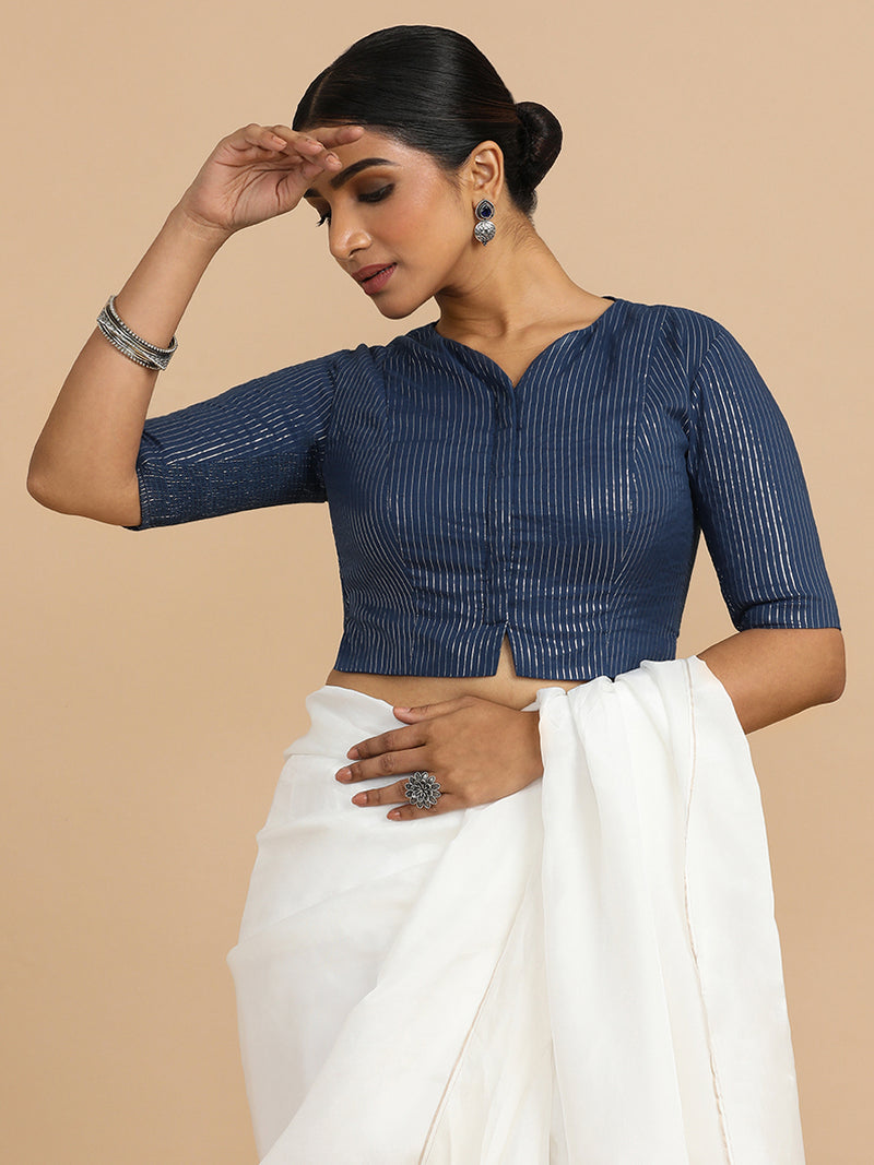 Rashi x Rozaana | Elbow Sleeves Saree Blouse in Indigo Silver Stripe Cotton-Binks