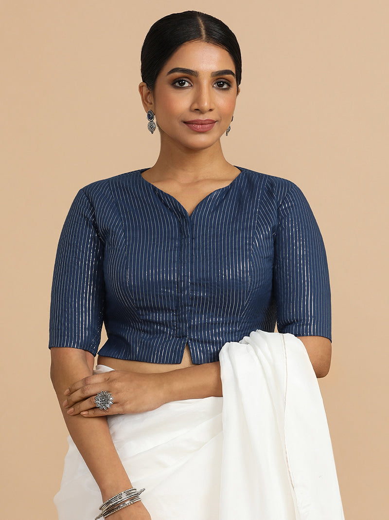 Rashi x Rozaana | Elbow Sleeves Saree Blouse in Indigo Silver Stripe Cotton-Binks