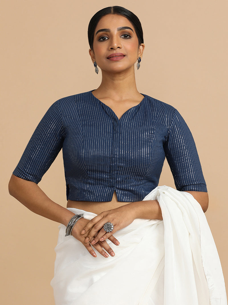 Rashi x Rozaana | Elbow Sleeves Saree Blouse in Indigo Silver Stripe Cotton-Binks