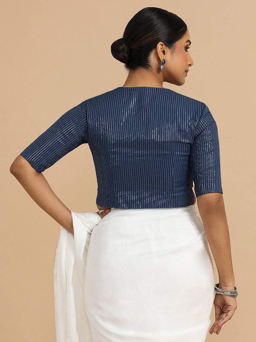 Rashi x Rozaana Saree Blouse, in Blue 100% Cotton & Lurex, featuring elbow sleeves and round neckline (view 2).