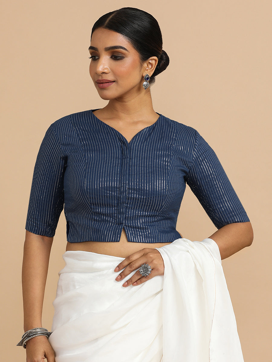 Rashi x Rozaana Saree Blouse, in Blue 100% Cotton & Lurex, featuring elbow sleeves and round neckline (view 6).