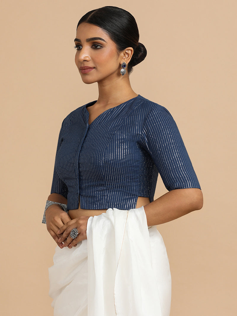 Rashi x Rozaana | Elbow Sleeves Saree Blouse in Indigo Silver Stripe Cotton-Binks
