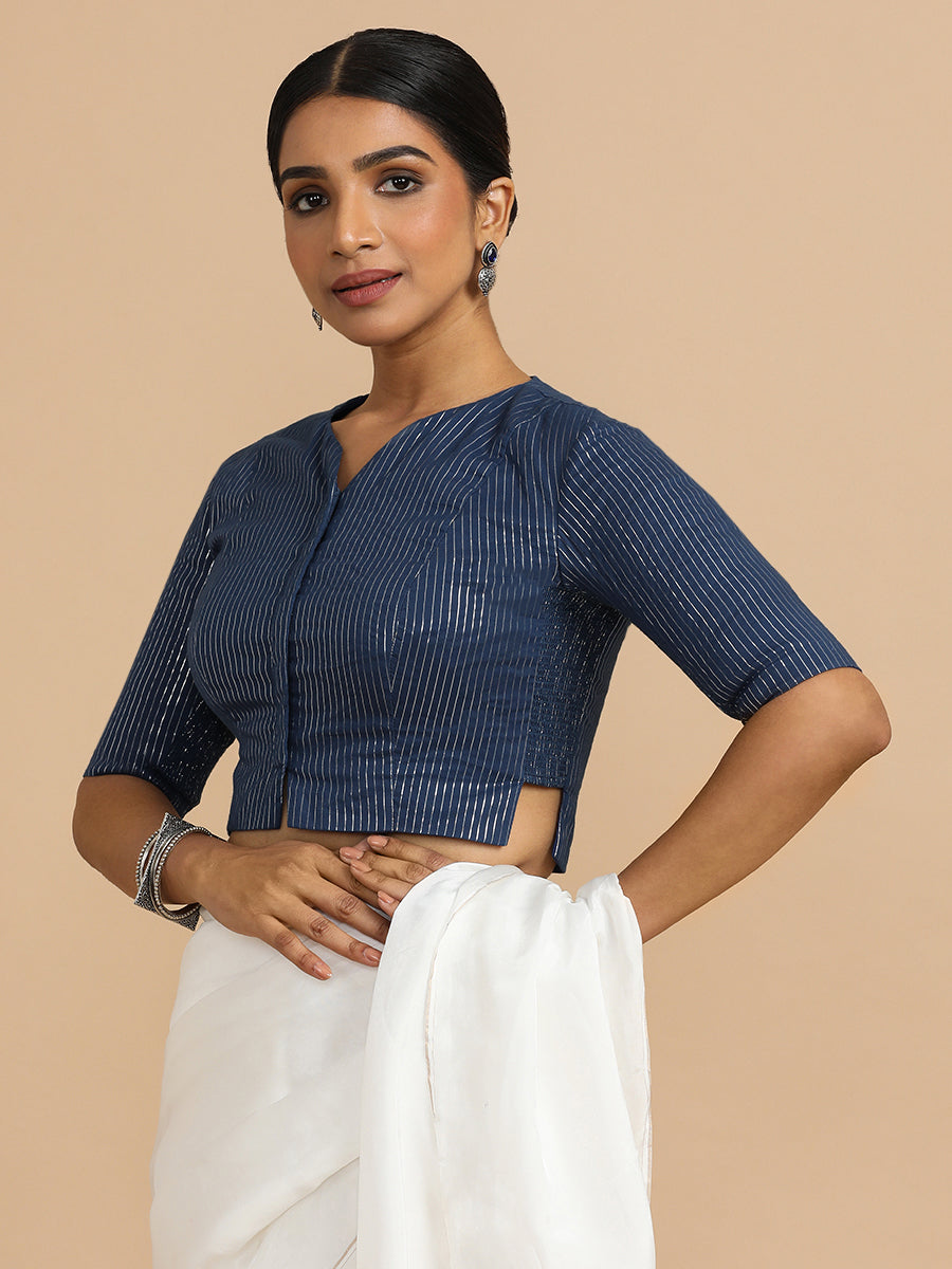 Rashi x Rozaana Saree Blouse, in Blue 100% Cotton & Lurex, featuring elbow sleeves and round neckline (view 8).