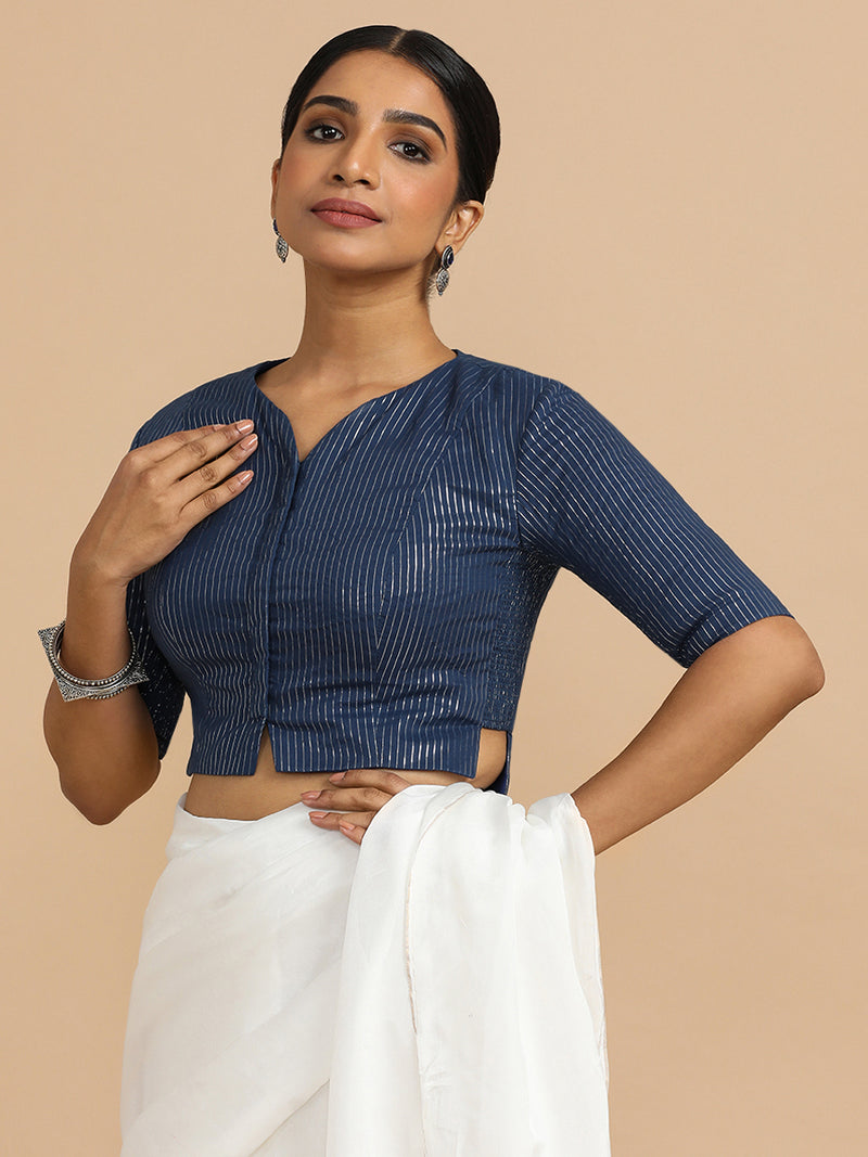 Rashi x Rozaana | Elbow Sleeves Saree Blouse in Indigo Silver Stripe Cotton-Binks