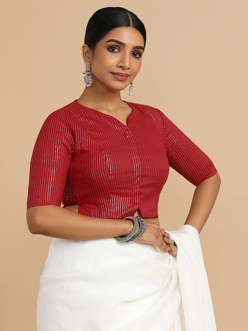 Rashi x Rozaana | Elbow Sleeves Saree Blouse in Red Silver Stripe Cotton-Binks