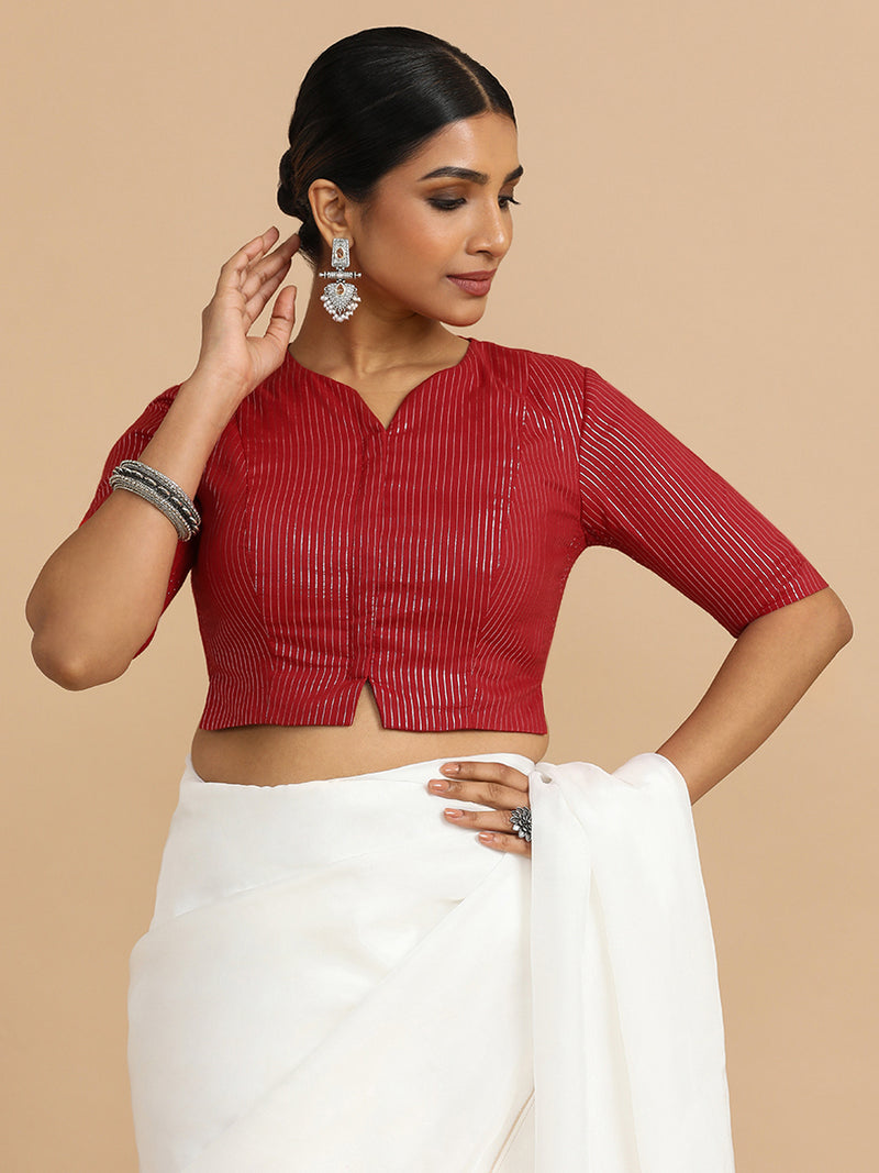 Rashi x Rozaana | Elbow Sleeves Saree Blouse in Red Silver Stripe Cotton-Binks