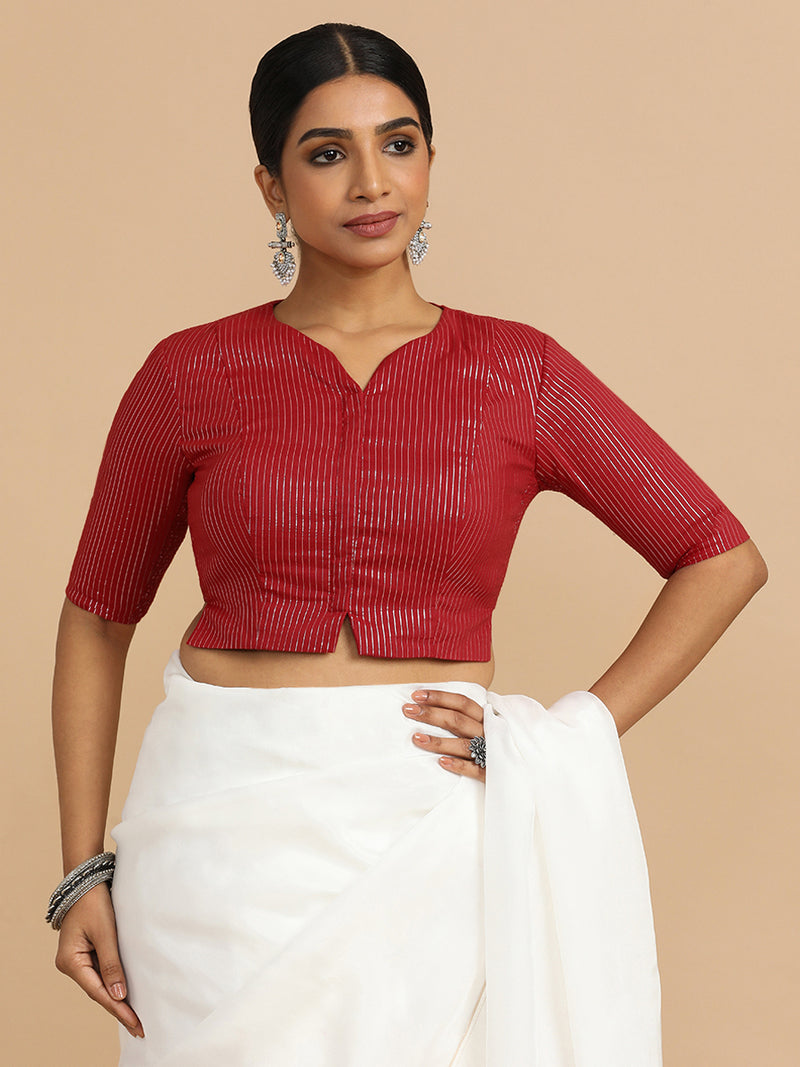 Rashi x Rozaana | Elbow Sleeves Saree Blouse in Red Silver Stripe Cotton-Binks