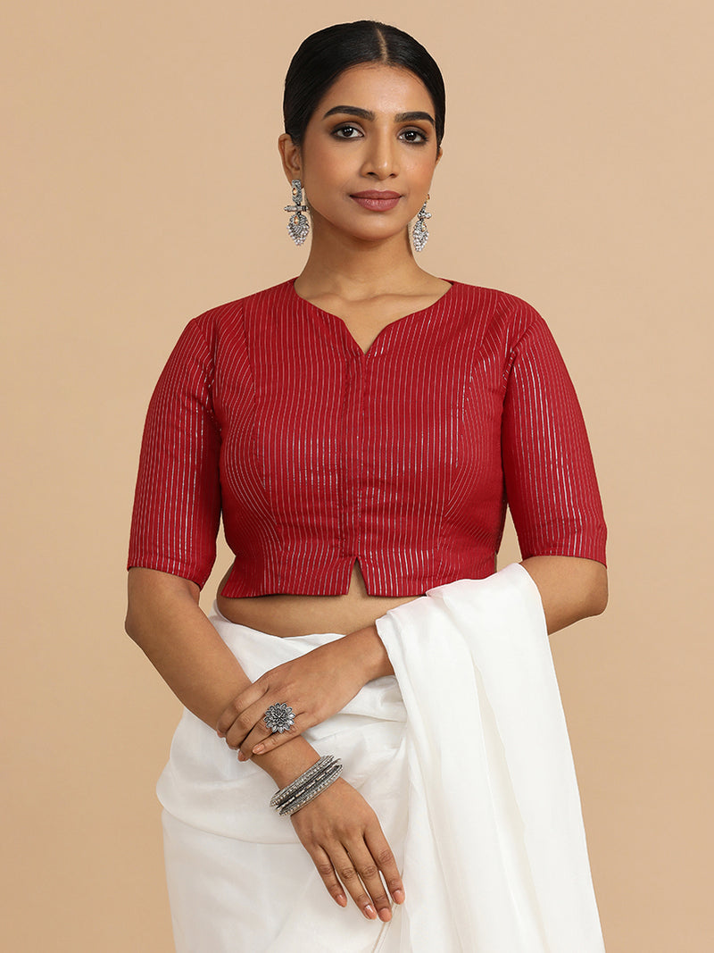Rashi x Rozaana | Elbow Sleeves Saree Blouse in Red Silver Stripe Cotton-Binks