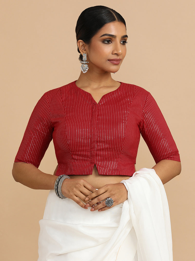 Rashi x Rozaana | Elbow Sleeves Saree Blouse in Red Silver Stripe Cotton-Binks