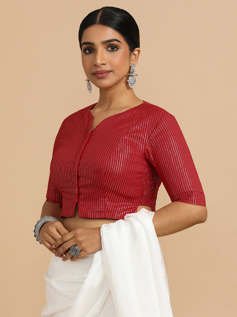 Rashi x Rozaana | Elbow Sleeves Saree Blouse in Red Silver Stripe Cotton-Binks