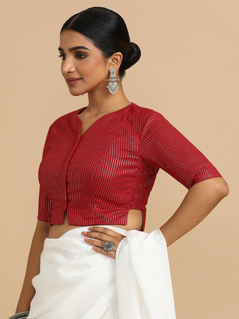 Rashi x Rozaana | Elbow Sleeves Saree Blouse in Red Silver Stripe Cotton-Binks