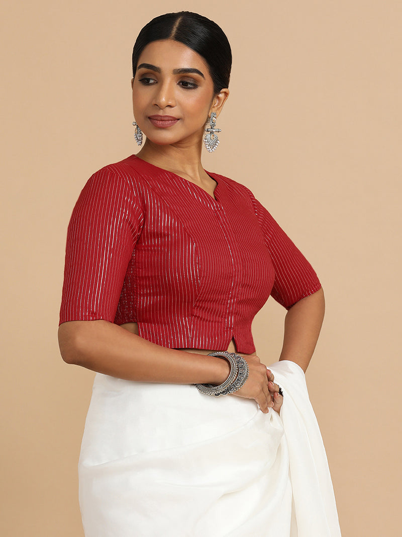 Rashi x Rozaana | Elbow Sleeves Saree Blouse in Red Silver Stripe Cotton-Binks