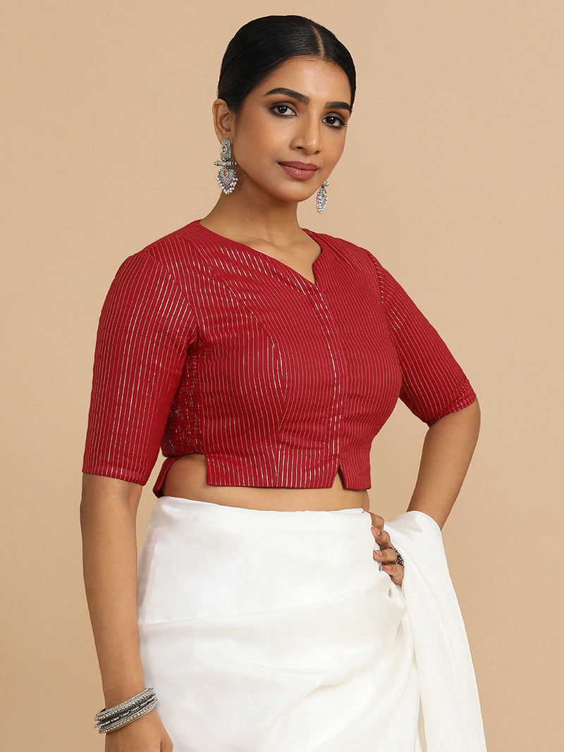 Rashi x Rozaana | Elbow Sleeves Saree Blouse in Red Silver Stripe Cotton-Binks