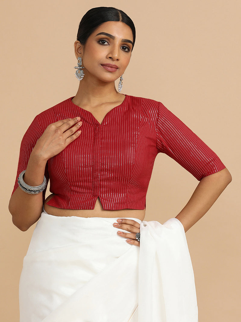 Rashi x Rozaana | Elbow Sleeves Saree Blouse in Red Silver Stripe Cotton-Binks