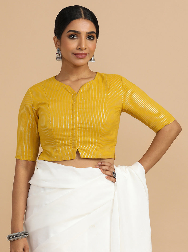 Rashi x Rozaana | Elbow Sleeves Saree Blouse in Turmeric Yellow Silver Stripe Cotton-Binks
