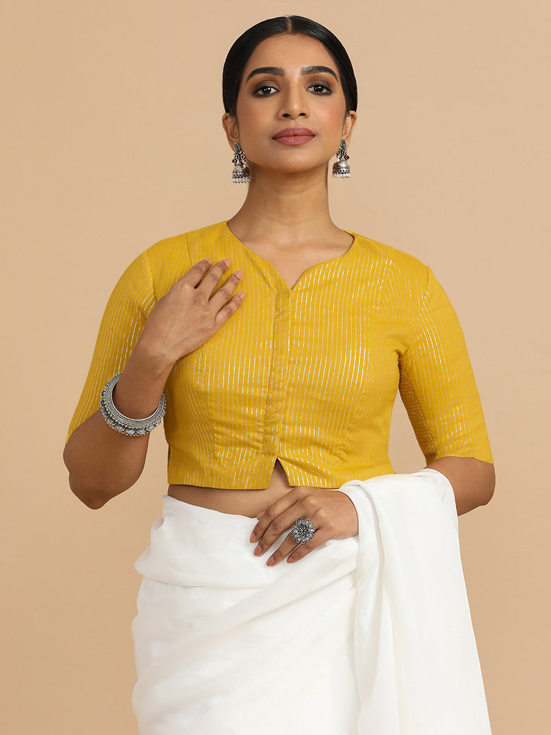 Rashi x Rozaana | Elbow Sleeves Saree Blouse in Turmeric Yellow Silver Stripe Cotton-Binks