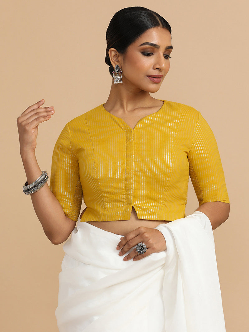 Rashi x Rozaana | Elbow Sleeves Saree Blouse in Turmeric Yellow Silver Stripe Cotton-Binks