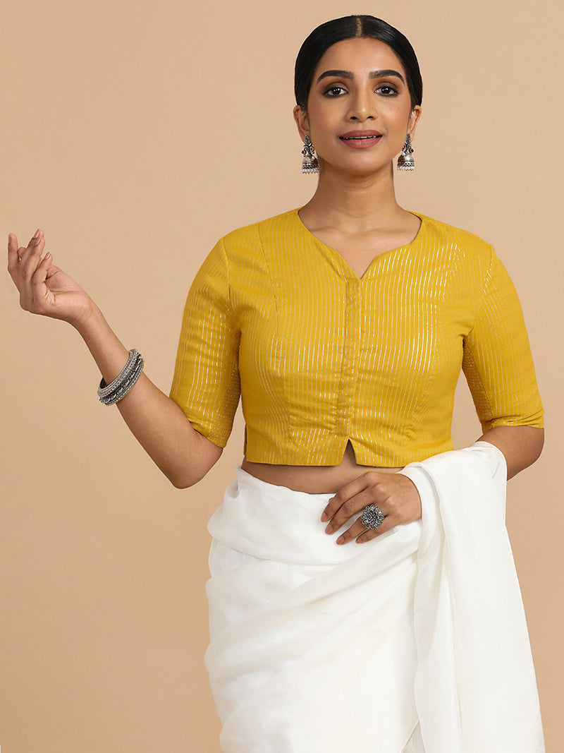 Rashi x Rozaana | Elbow Sleeves Saree Blouse in Turmeric Yellow Silver Stripe Cotton-Binks
