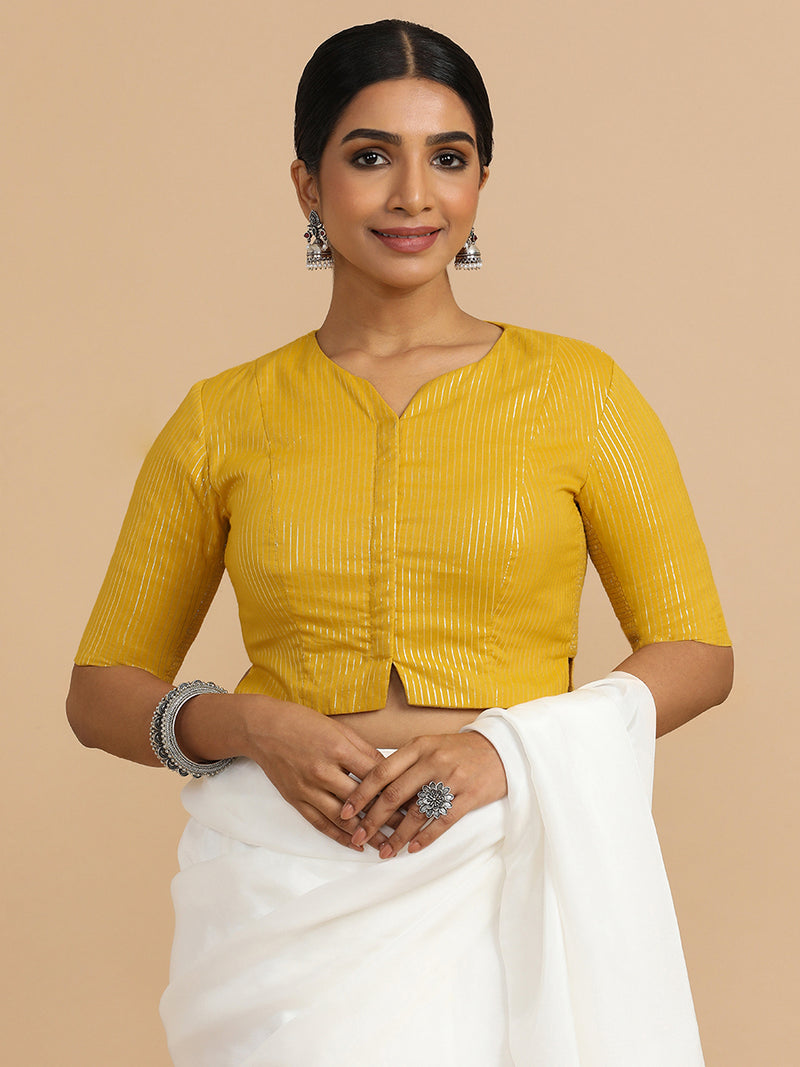 Rashi x Rozaana | Elbow Sleeves Saree Blouse in Turmeric Yellow Silver Stripe Cotton-Binks