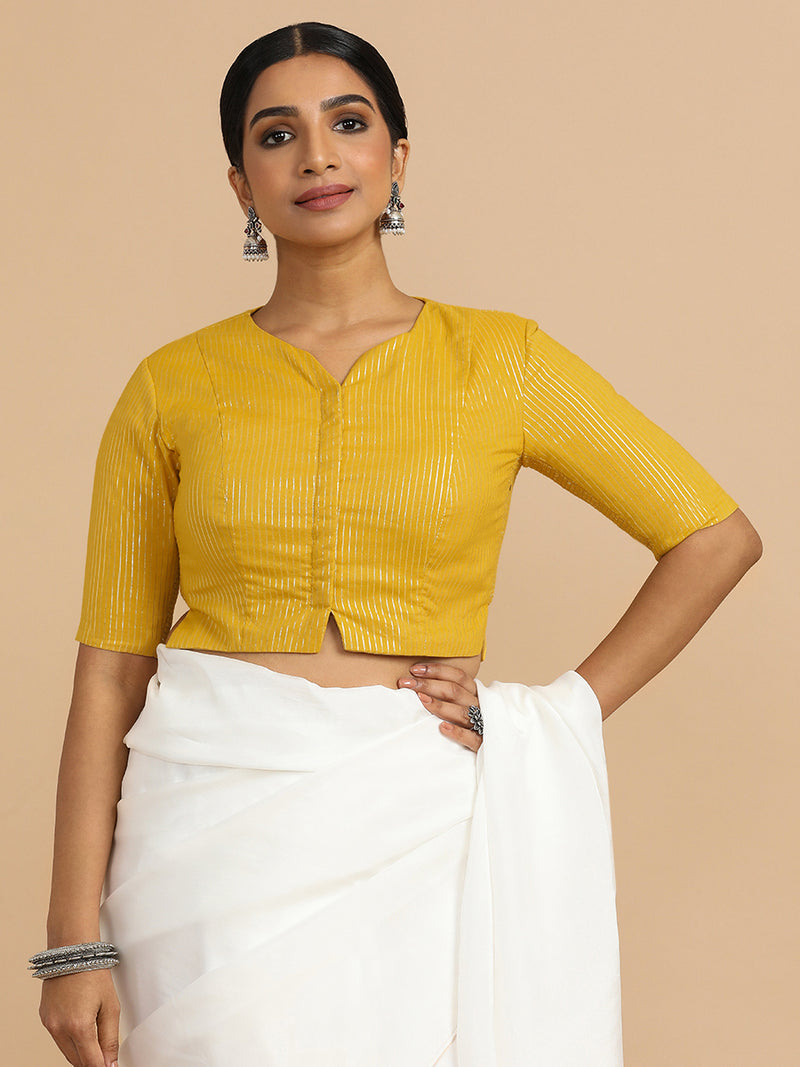 Rashi x Rozaana | Elbow Sleeves Saree Blouse in Turmeric Yellow Silver Stripe Cotton-Binks
