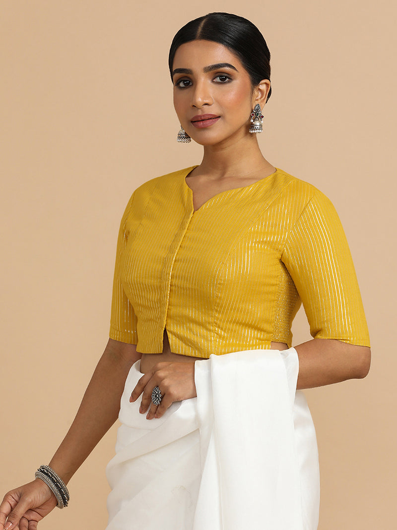 Rashi x Rozaana | Elbow Sleeves Saree Blouse in Turmeric Yellow Silver Stripe Cotton-Binks