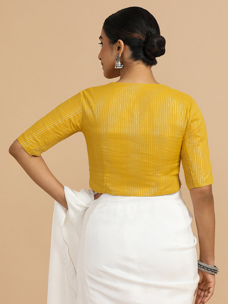 Rashi x Rozaana Saree Blouse, in Yellow 100% Cotton & Lurex, featuring elbow sleeves and round neckline (view 2).