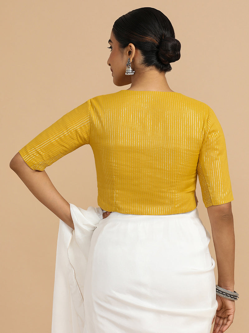Rashi x Rozaana | Elbow Sleeves Saree Blouse in Turmeric Yellow Silver Stripe Cotton-Binks