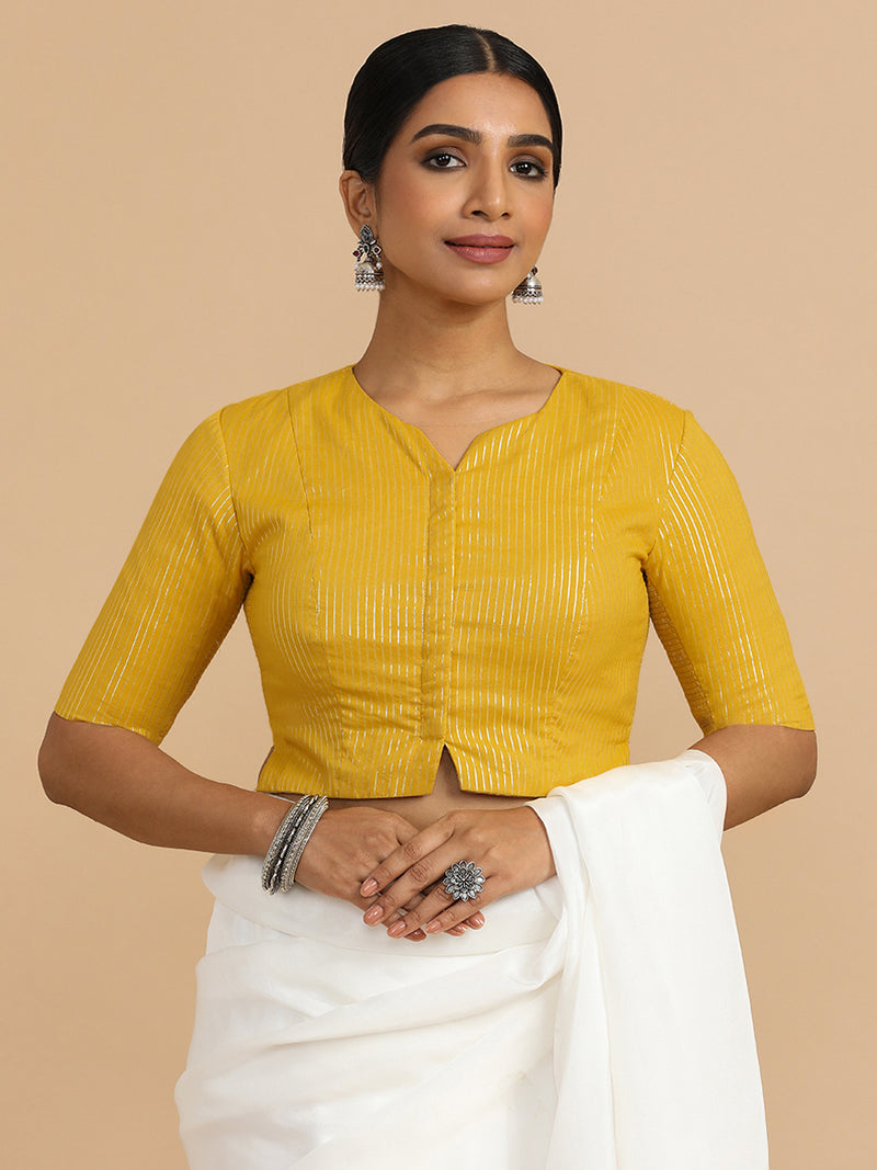 Rashi x Rozaana | Elbow Sleeves Saree Blouse in Turmeric Yellow Silver Stripe Cotton-Binks