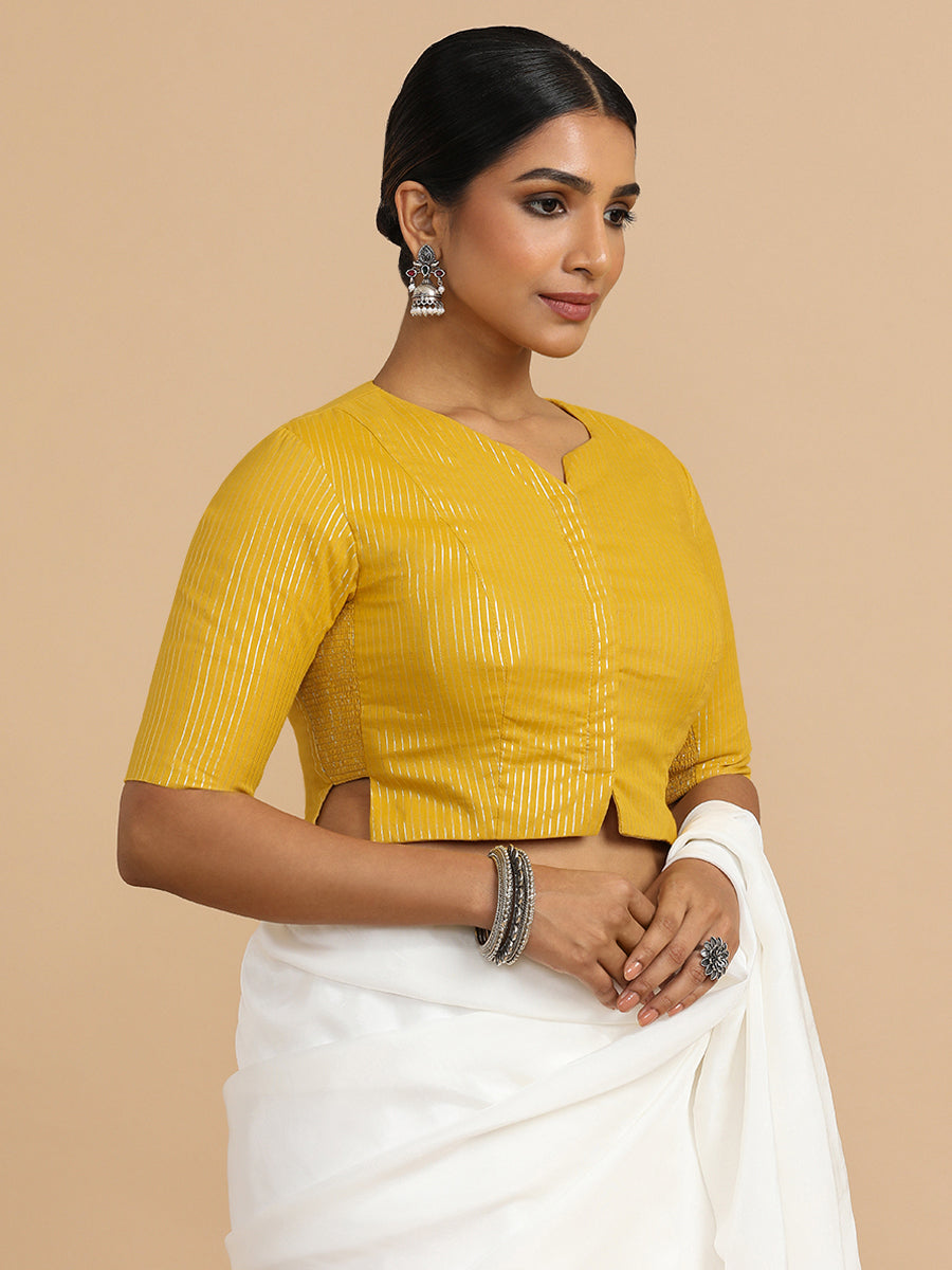 Rashi x Rozaana Saree Blouse, in Yellow 100% Cotton & Lurex, featuring elbow sleeves and round neckline (view 8).