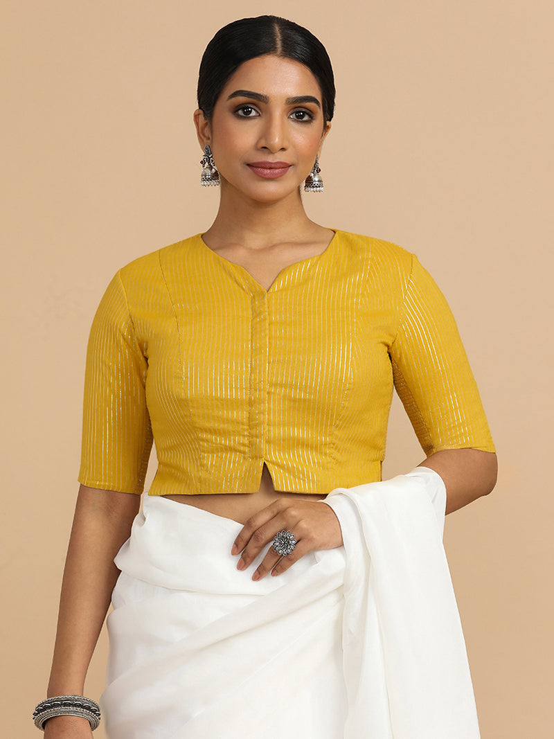 Rashi x Rozaana | Elbow Sleeves Saree Blouse in Turmeric Yellow Silver Stripe Cotton-Binks