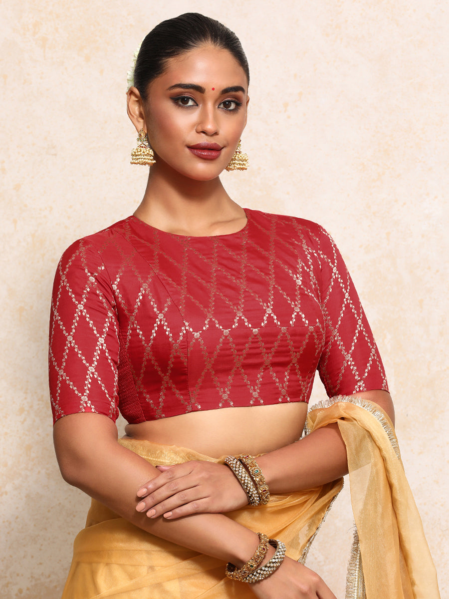 Reena x Tyohaar | Elbow Sleeves Saree Blouse in Berry Red Vine Mesh Brocade