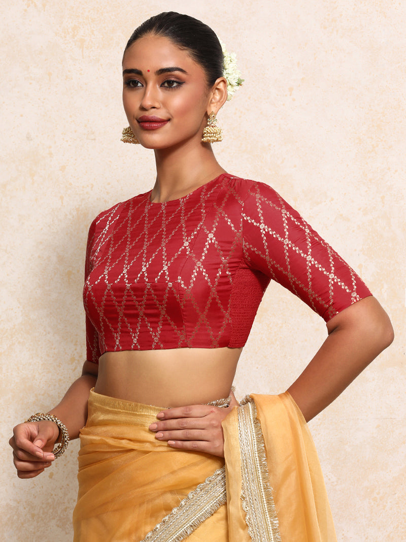 Reena x Tyohaar | Elbow Sleeves Saree Blouse in Berry Red Vine Mesh Brocade-Binks