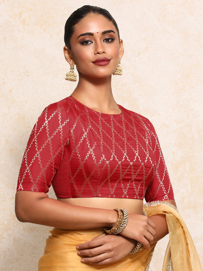 Reena x Tyohaar | Elbow Sleeves Saree Blouse in Berry Red Vine Mesh Brocade-Binks