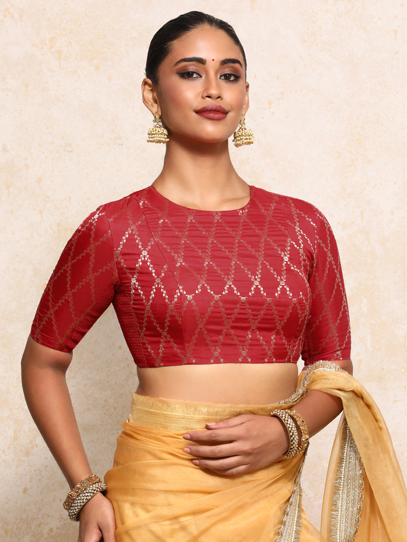 Reena x Tyohaar | Elbow Sleeves Saree Blouse in Berry Red Vine Mesh Brocade-Binks