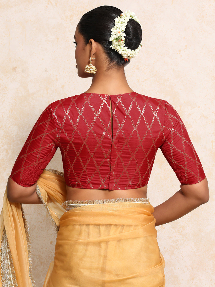 Reena x Tyohaar Saree Blouse, in Red Viscose Silk Brocade, featuring elbow sleeves and jewel neckline (view 2).
