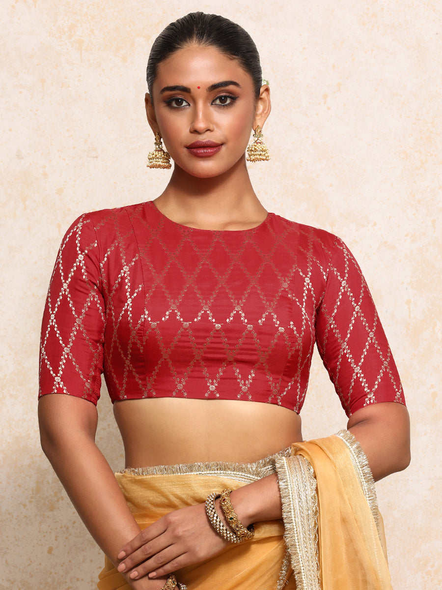 Reena x Tyohaar Saree Blouse, in Red Viscose Silk Brocade, featuring elbow sleeves and jewel neckline (view 5).