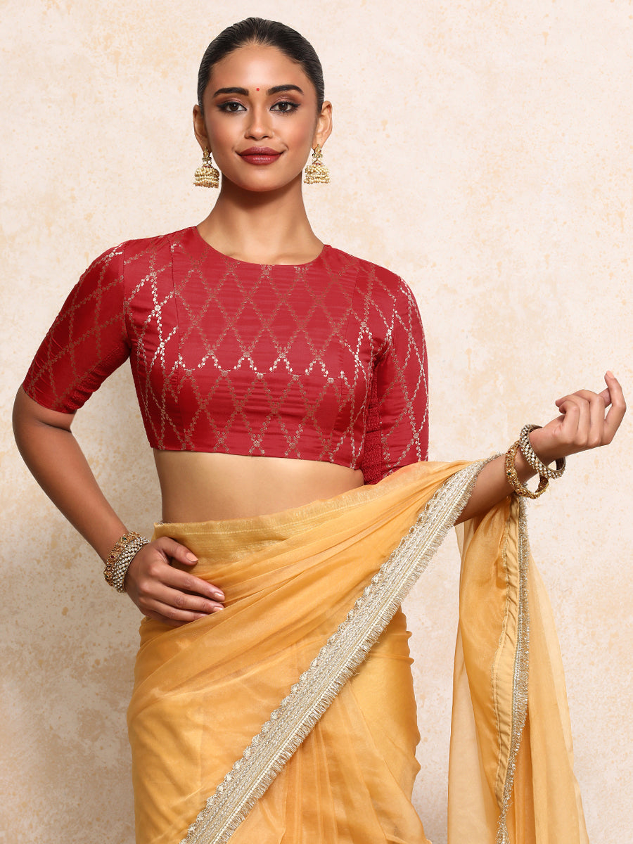 Reena x Tyohaar Saree Blouse, in Red Viscose Silk Brocade, featuring elbow sleeves and jewel neckline (view 6).