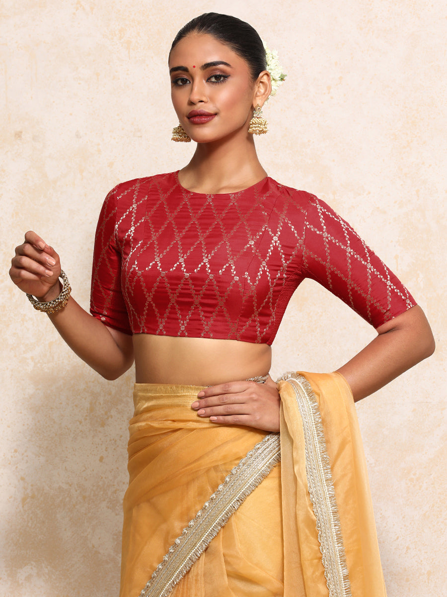 Reena x Tyohaar Saree Blouse, in Red Viscose Silk Brocade, featuring elbow sleeves and jewel neckline (view 8).